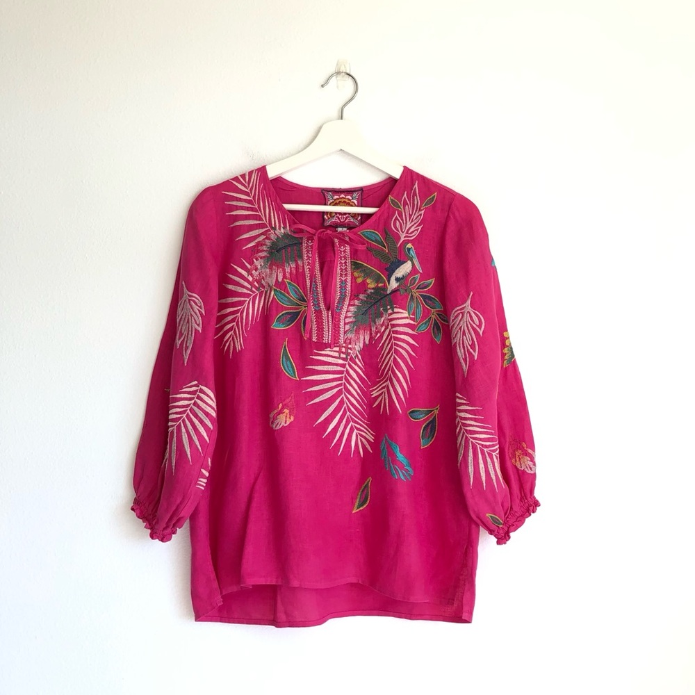 Johnny Was Kahlua Hot Pink Tropical Leaf Bird Embroidered Linen Top Size Small